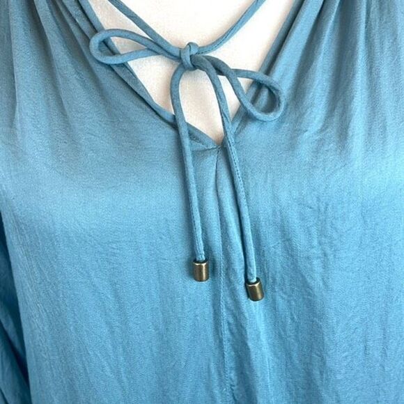 SUNDANCE So In Love Ruffle Peasant Top Long Sleeve Split V-neck Blue Size Medium - Picture 4 of 8